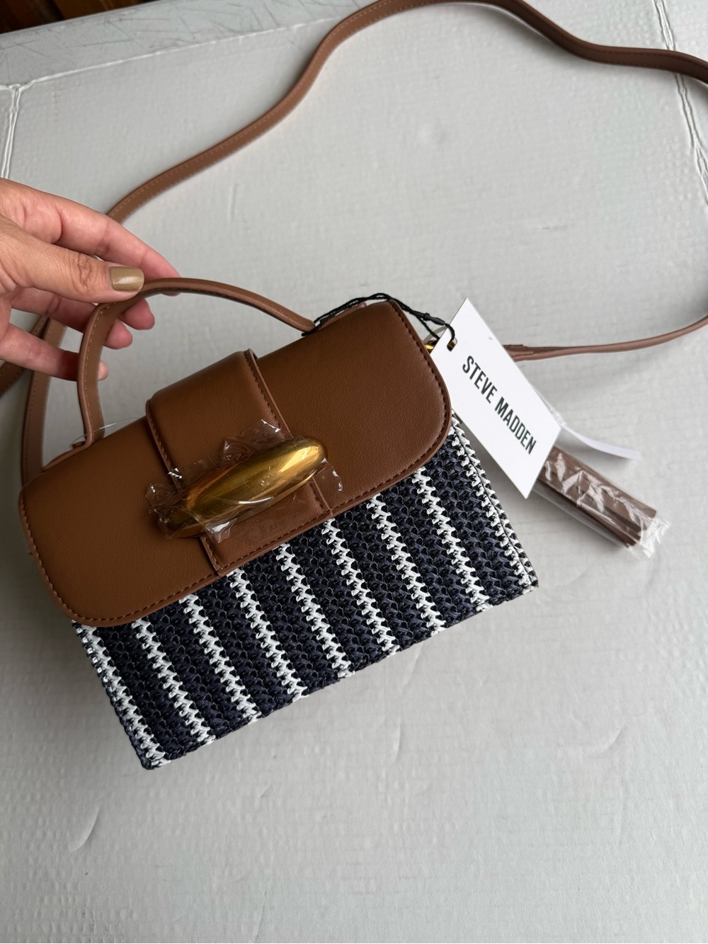 Steve Madden Brown Leather & Navy Striped Crossbody purse